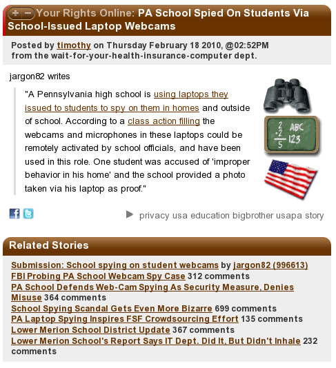 Slashdot: PA School Spied on Students Via School-Issued Laptop Webcams